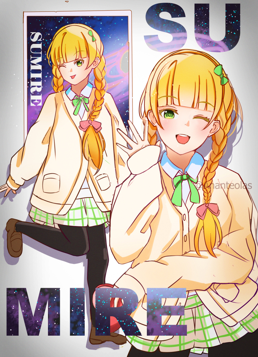 1girl, ;d, ;p, absurdres, ananteolas, black_pantyhose, blonde_hair, blunt_bangs