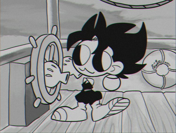 1920s_(style), 1boy, :3, artist_name, black_hair, commentary, disney, dougi