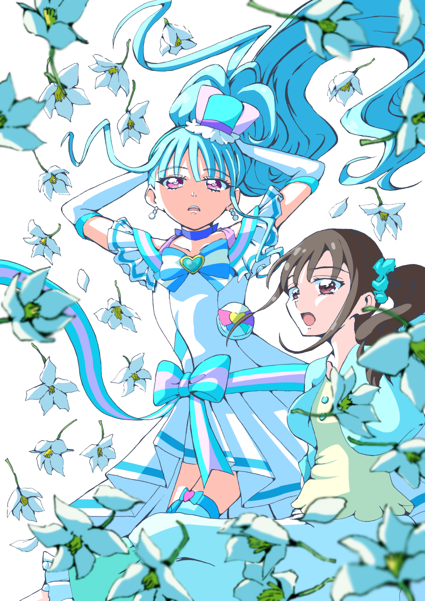 1girl, absurdres, aqua_hair, aqua_hairband, aqua_hat, aqua_jacket, aqua_scrunchie, aqua_thighhighs