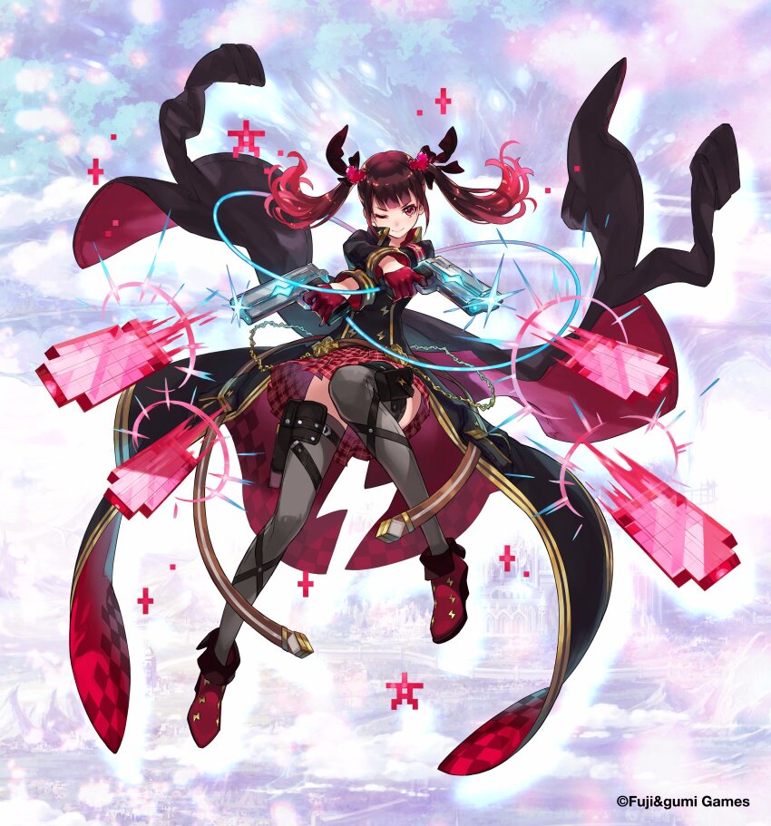 1girl, ;), absurdres, black_hair, closed_mouth, commentary_request, copyright_notice, da-kuro, dempagumi, dual_wielding, full_body, furukawa_mirin_(dempagumi), gloves, grey_thighhighs, gun, handgun, high_heels, highres, holding, holding_gun, holding_weapon, holster, long_hair, looking_at_viewer, miniskirt, official_art, one_eye_closed, phantom_of_the_kill, plaid_clothes, plaid_skirt, pleated_skirt, red_eyes, red_gloves, red_hair, red_shoes, red_skirt, second-party_source, shoes, skirt, smile, solo, standing, standing_on_one_leg, thigh_holster, thighhighs, twintails, weapon