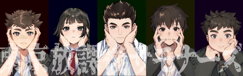 1girl, 4boys, bandaid, bandaid_on_face, bandaid_on_nose, black_eyes, black_hair, black_jacket