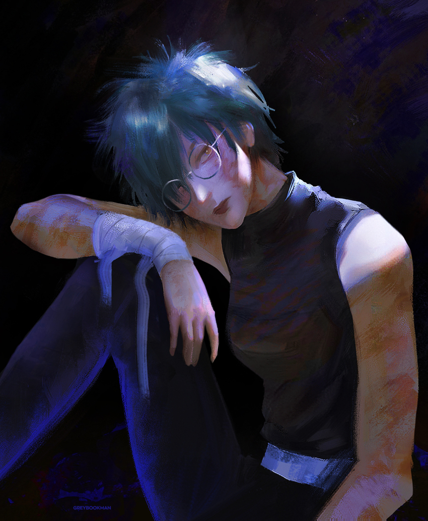blue_hair, burn_scar, glasses, greybookman, highres, jujutsu_kaisen, scar, short_hair
