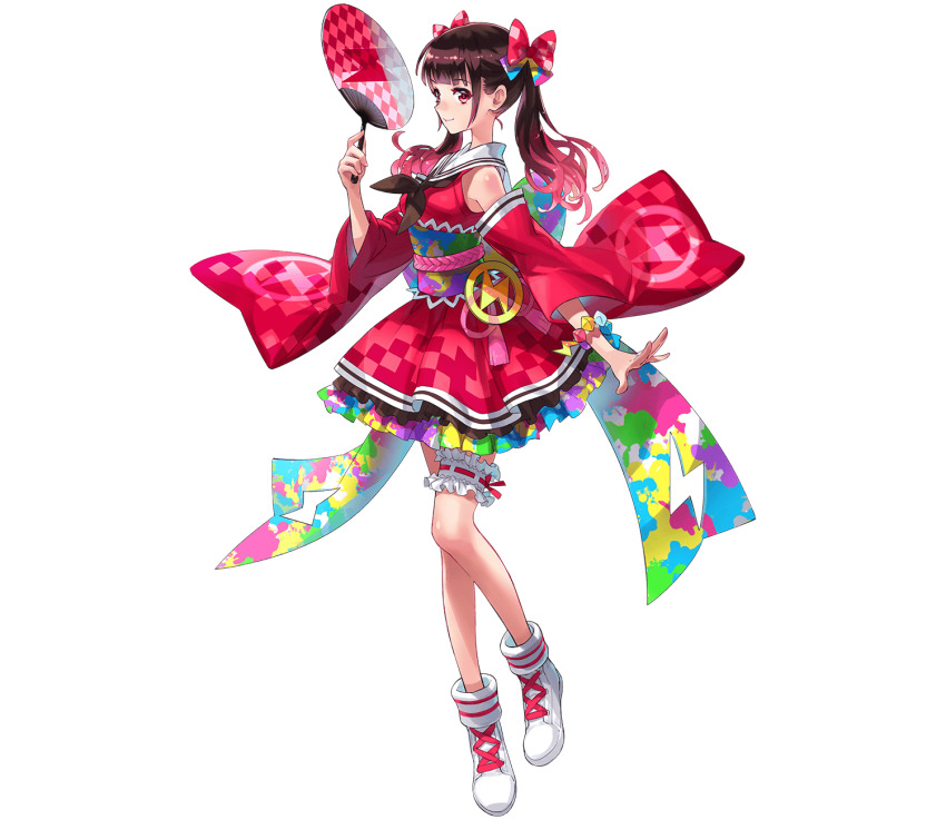 1girl, black_hair, bow, brown_neckerchief, checkered_clothes, closed_mouth, da-kuro, dempagumi