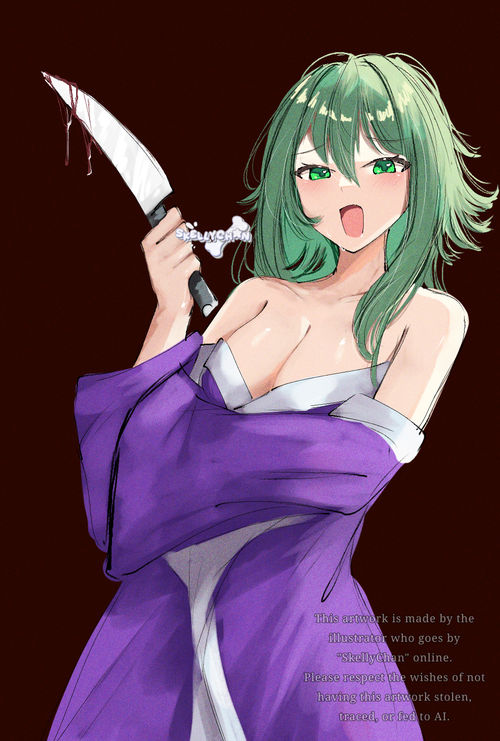1girl, :d, artist_name, bare_shoulders, blood, bloody_knife, bloody_weapon, blush