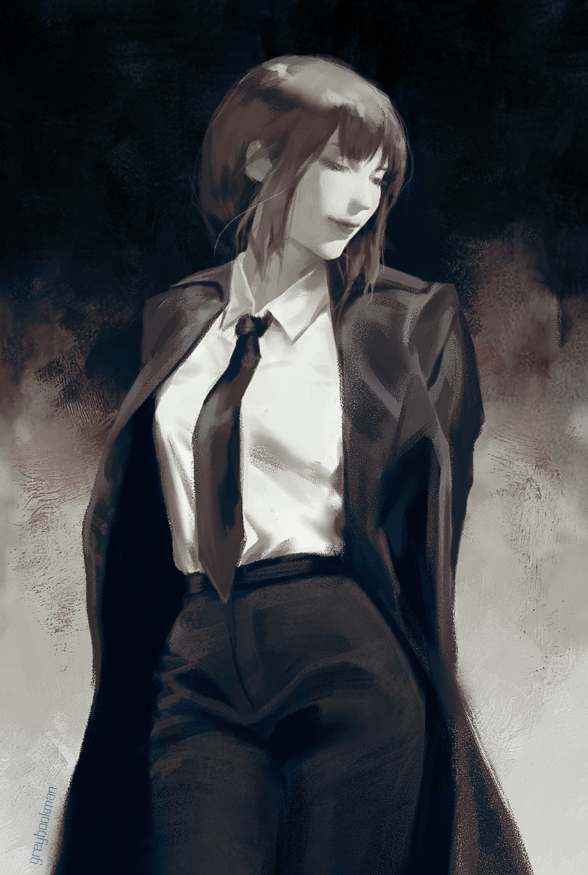 chainsaw_man, closed_eyes, greybookman, highres, jacket, makima_(chainsaw_man), monochrome, necktie
