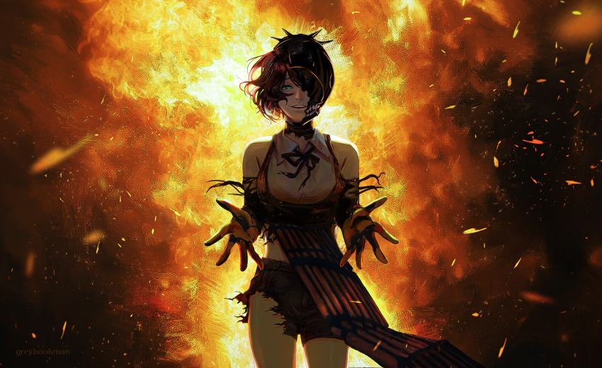 absurdres, black_hair, blue_eyes, bomb_devil_(chainsaw_man), chainsaw_man, fire, greybookman, highres