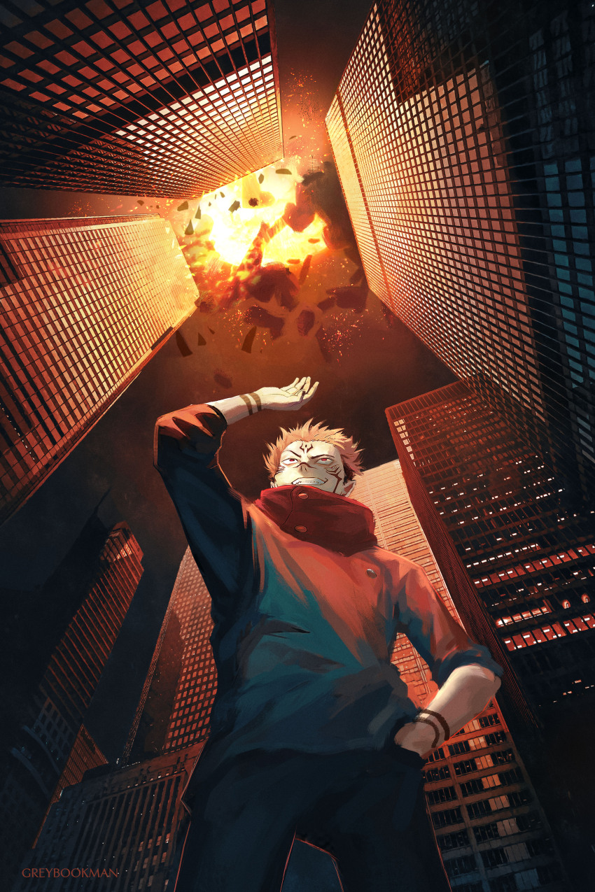 1boy, absurdres, building, explosion, from_below, greybookman, highres, jujutsu_kaisen