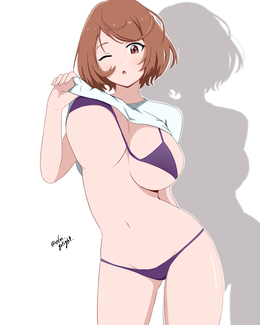 1girl, absurdres, bikini, blush, breasts, brown_eyes, brown_hair, clothes_lift, entero_gofight, highres, large_breasts, lifting_own_clothes, medium_hair, micro_bikini, navel, one_eye_closed, open_mouth, purple_bikini, saiga_rei_(shangri-la_frontier), shadow, shangri-la_frontier, shiny_skin, shirt_lift, skindentation, solo, swept_bangs, swimsuit, twitter_username, underboob, white_background