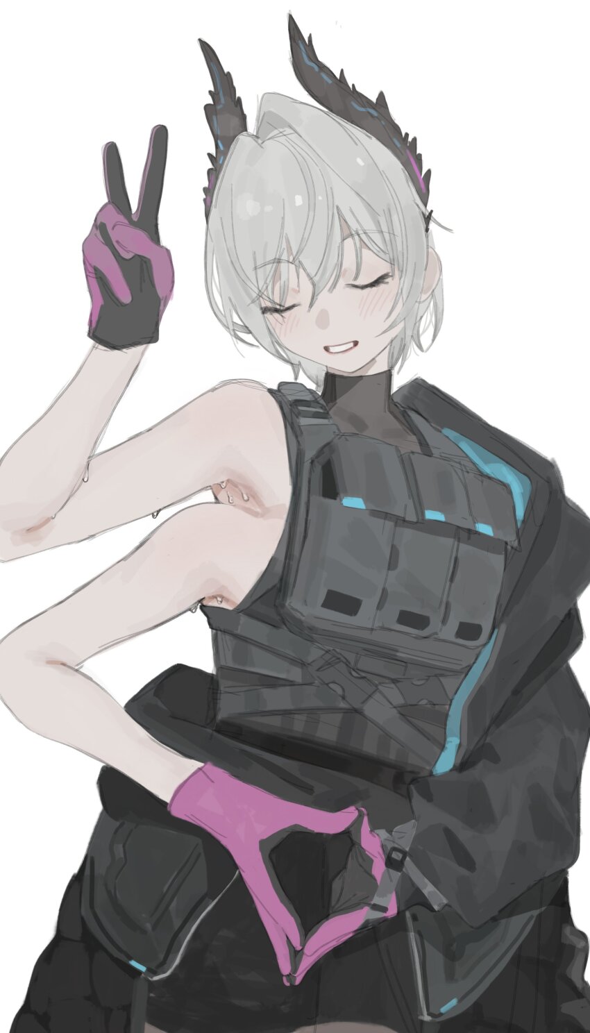 1girl, absurdres, arknights, black_gloves, black_jacket, black_shorts, closed_eyes, commentary