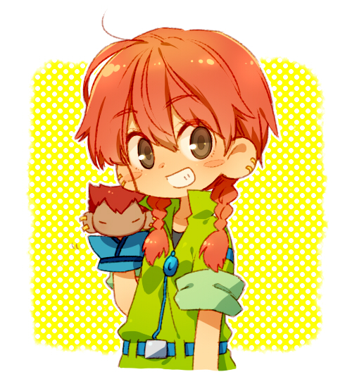 1girl, belt, bemani, black_shirt, blue_belt, blush_stickers, border, braid, brown_eyes, collarbone, cropped_torso, earrings, genderswap, genderswap_(mtf), green_jumpsuit, grin, hand_puppet, jewelry, jumpsuit, kiri_futoshi, long_hair, looking_at_viewer, mr._kk, pop'n_music, puppet, roku_(pop'n_music), shirt, smile, twin_braids, white_border, zipper