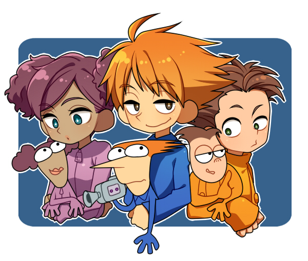 1girl, 2boys, afro_puffs, animification, blue_background, blue_eyes, blue_shirt, border