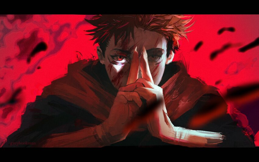 1boy, absurdres, blood, blood_on_face, greybookman, highres, itadori_yuji, jujutsu_kaisen