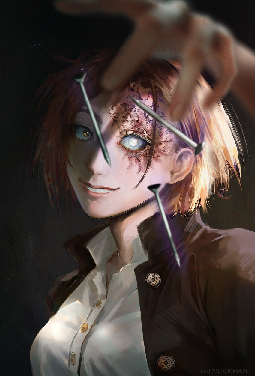 1girl, absurdres, blonde_hair, greybookman, highres, jujutsu_kaisen, kugisaki_nobara, nail_(hardware), portrait, scar, scar_on_face, short_hair