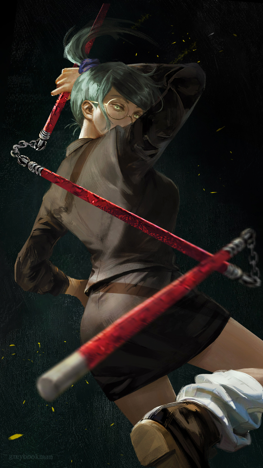 1girl, absurdres, glasses, green_hair, greybookman, highres, jujutsu_kaisen, ponytail