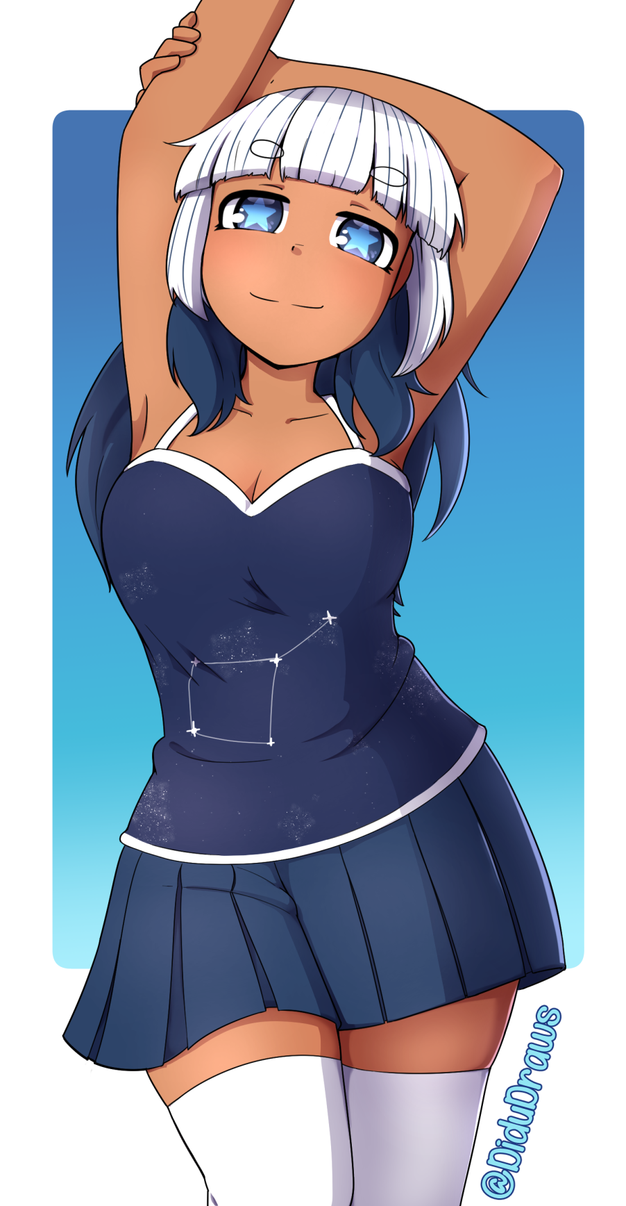 1girl, arm_up, artist_name, blue_dress, blue_eyes, blue_hair, border, breasts