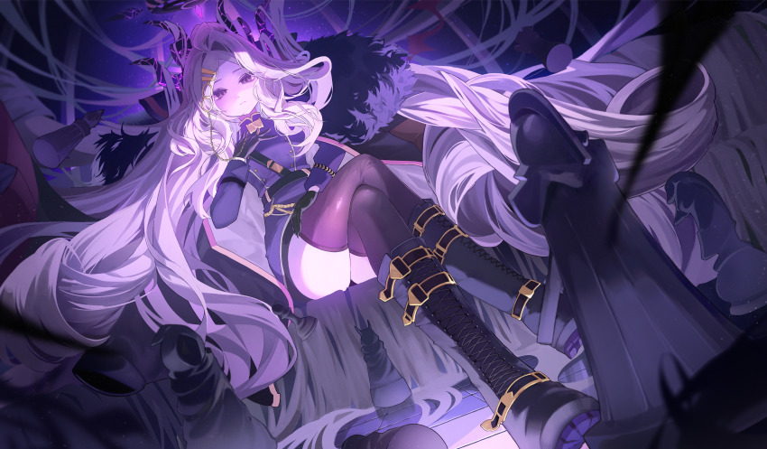 1girl, absurdly_long_hair, absurdres, aiguillette, black_coat, black_gloves, black_thighhighs, blue_archive, blue_dress, boots, chess_piece, coat, commentary, crossed_legs, demon_horns, dongam_salad, dress, expressionless, full_body, fur-trimmed_coat, fur_trim, gloves, hair_ornament, hairclip, halo, hand_on_own_chest, hand_on_own_leg, high_collar, highres, hina_(blue_archive), horns, knee_boots, lace-up_boots, light_particles, long_hair, looking_at_viewer, military_uniform, parted_bangs, purple_halo, shoe_soles, sidelocks, sitting, solo, thighhighs, tile_floor, tiles, very_long_hair, white_hair