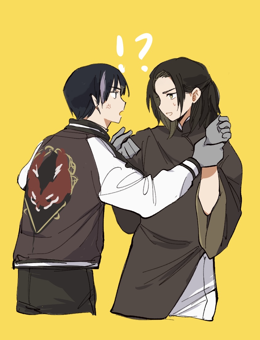 !?, 2boys, anger_vein, axis_powers_hetalia, black_eyes, black_hair, black_pants, brown_eyes