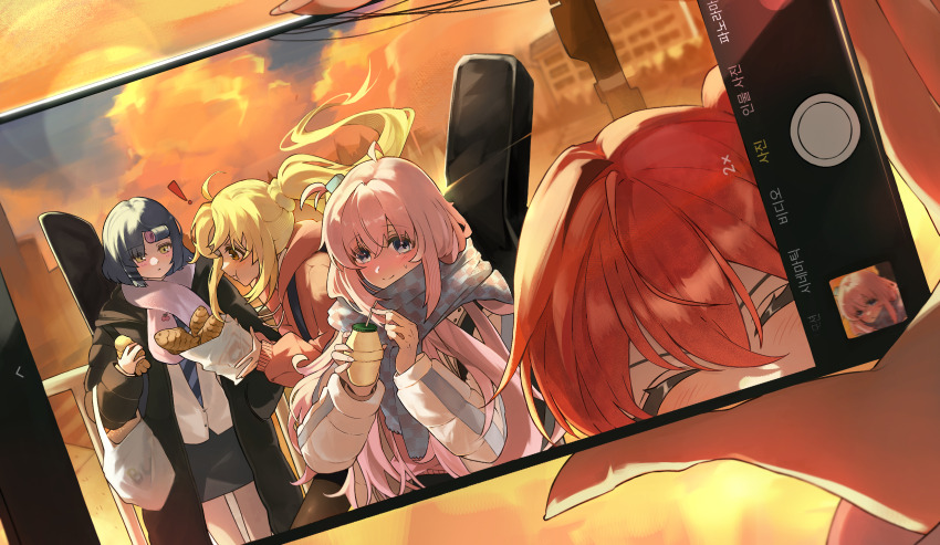 !, 4girls, bag, black_coat, blonde_hair, blue_eyes, blue_hair, blue_shawl