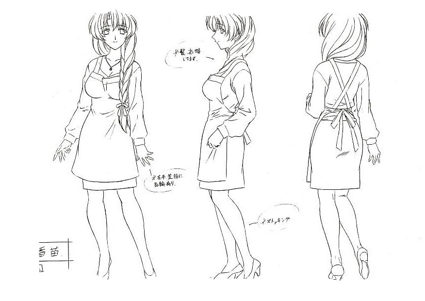 1girl, breasts, cleavage, hasuma_kanae, japanese_text, label, lineart, multiple_views, official_art, reference_sheet, simple_background, translation_request, tsumamigui, tsumamigui_(series), turnaround, white_background