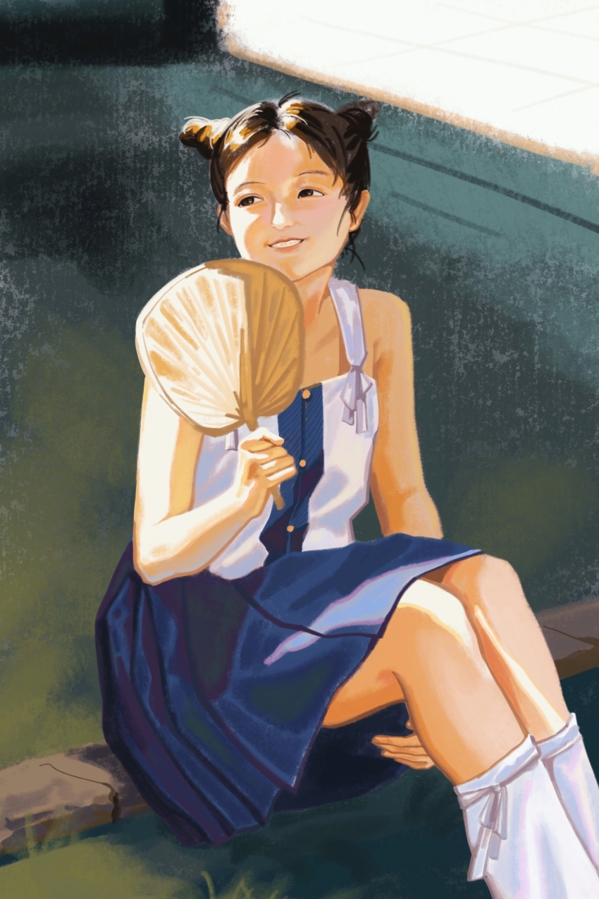 1girl, absurdres, blue_skirt, brown_eyes, brown_hair, camisole, chinese_clothes, contemporary_traditional_clothes