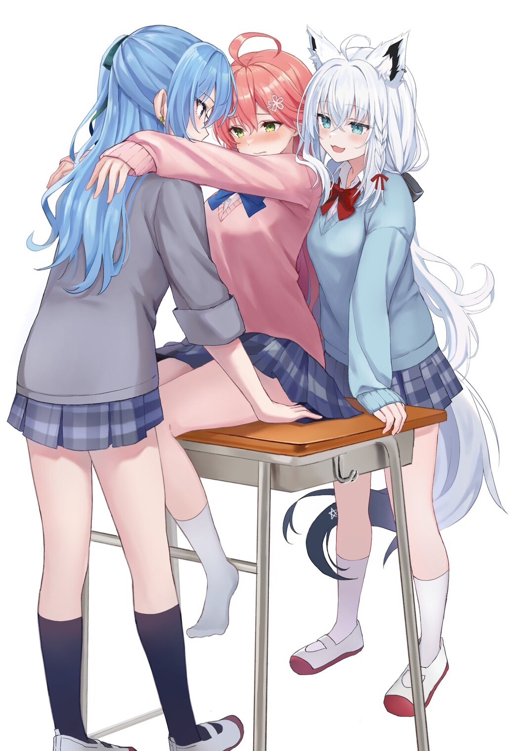 3girls, :3, ahoge, alternate_costume, animal_ears, aqua_eyes, aqua_sweater, arms_on_another's_shoulder, black_socks, blue_bow, blue_bowtie, blue_eyes, blue_hair, blue_skirt, blush, bow, bowtie, braid, breasts, collared_shirt, earrings, feet, flower, fox_ears, fox_girl, fox_tail, green_eyes, green_ribbon, grey_sweater, hair_flower, hair_ornament, hair_ribbon, hairclip, hands_on_another's_shoulders, hands_on_table, highres, hololive, hoshimachi_suisei, jewelry, kneehighs, looking_at_another, looking_down, medium_breasts, mochi_jiro, multiple_girls, nervous, on_table, pink_hair, pink_sweater, plaid_clothes, plaid_skirt, red_bow, red_bowtie, red_ribbon, ribbon, sakura_miko, school_uniform, shirakami_fubuki, shirt, sitting, skirt, sleeves_rolled_up, smile, socks, standing, star_(symbol), star_earrings, sweater, table, tail, three-quarter_sleeves, virtual_youtuber, white_hair, white_shirt, white_socks, yuri
