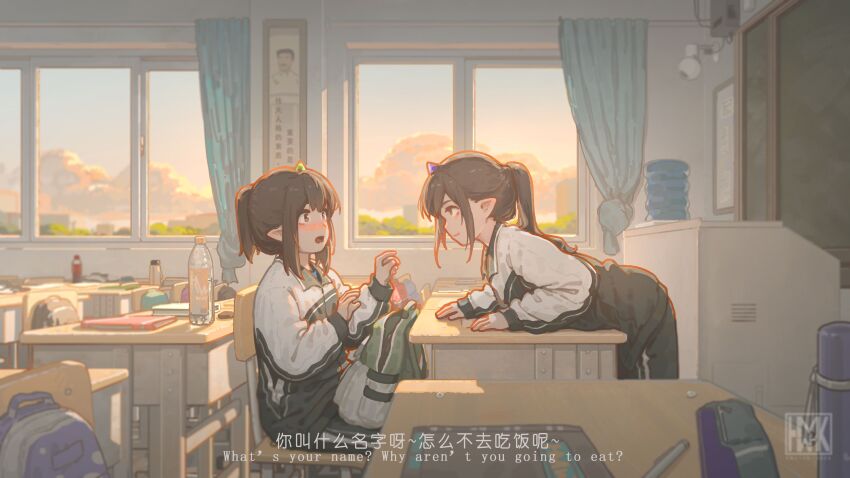 2girls, absurdres, brown_hair, china, chinese_school_uniform, chinese_text, classroom, elf