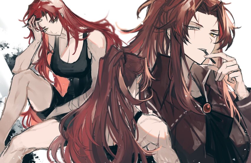 1girl, ascot, bandaged_arm, bandages, black_ascot, black_shirt, breasts, brooch