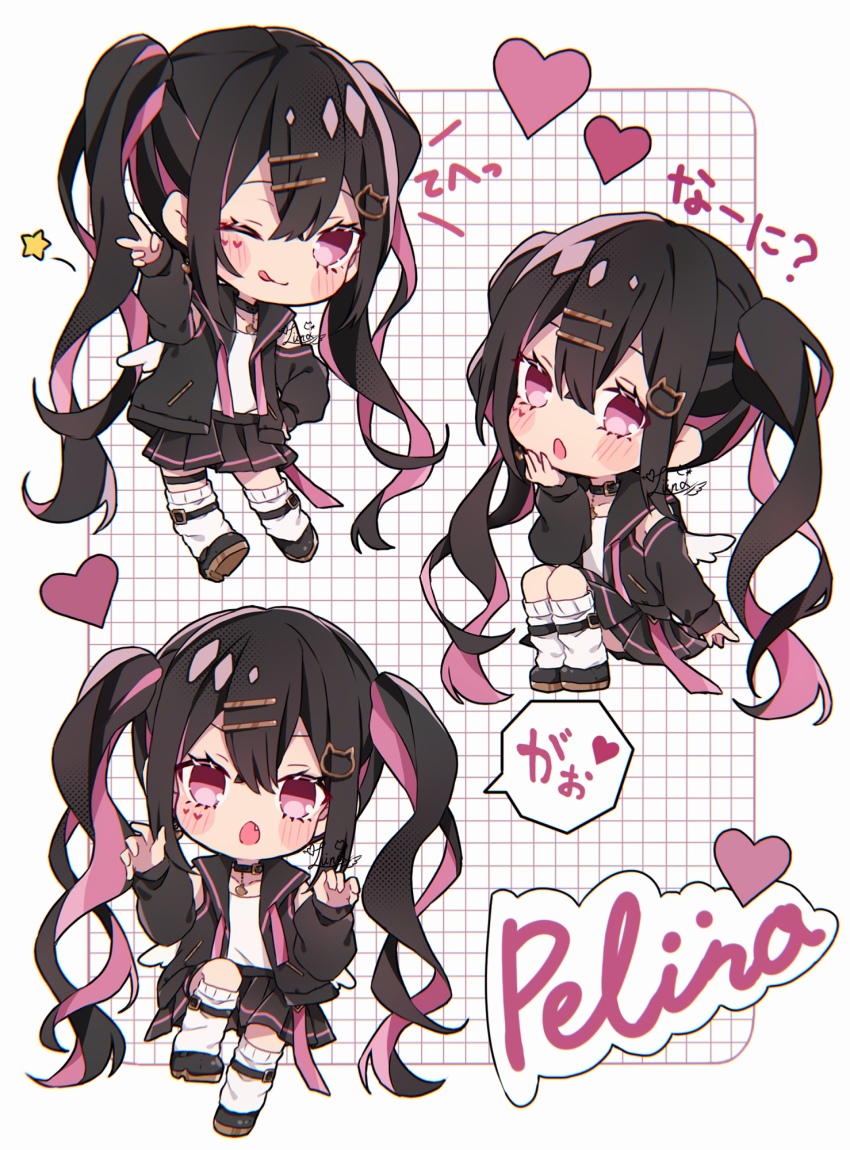 1girl, :o, black_choker, black_hair, black_jacket, black_skirt, blush_stickers, chibi