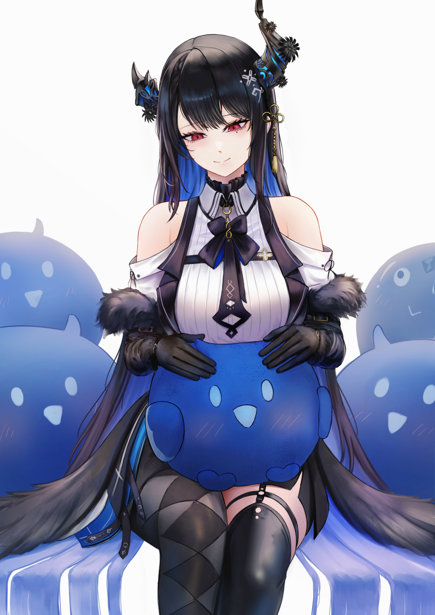 1girl, absurdres, black_gloves, black_hair, black_necktie, black_thighhighs, black_wings, blue_hair
