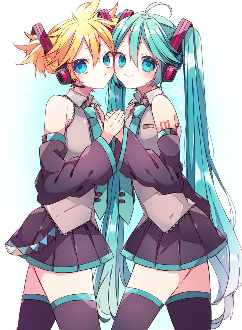 1boy, 1girl, alternate_costume, aqua_necktie, aqua_shirt, arm_tattoo, black_thighhighs, blonde_hair