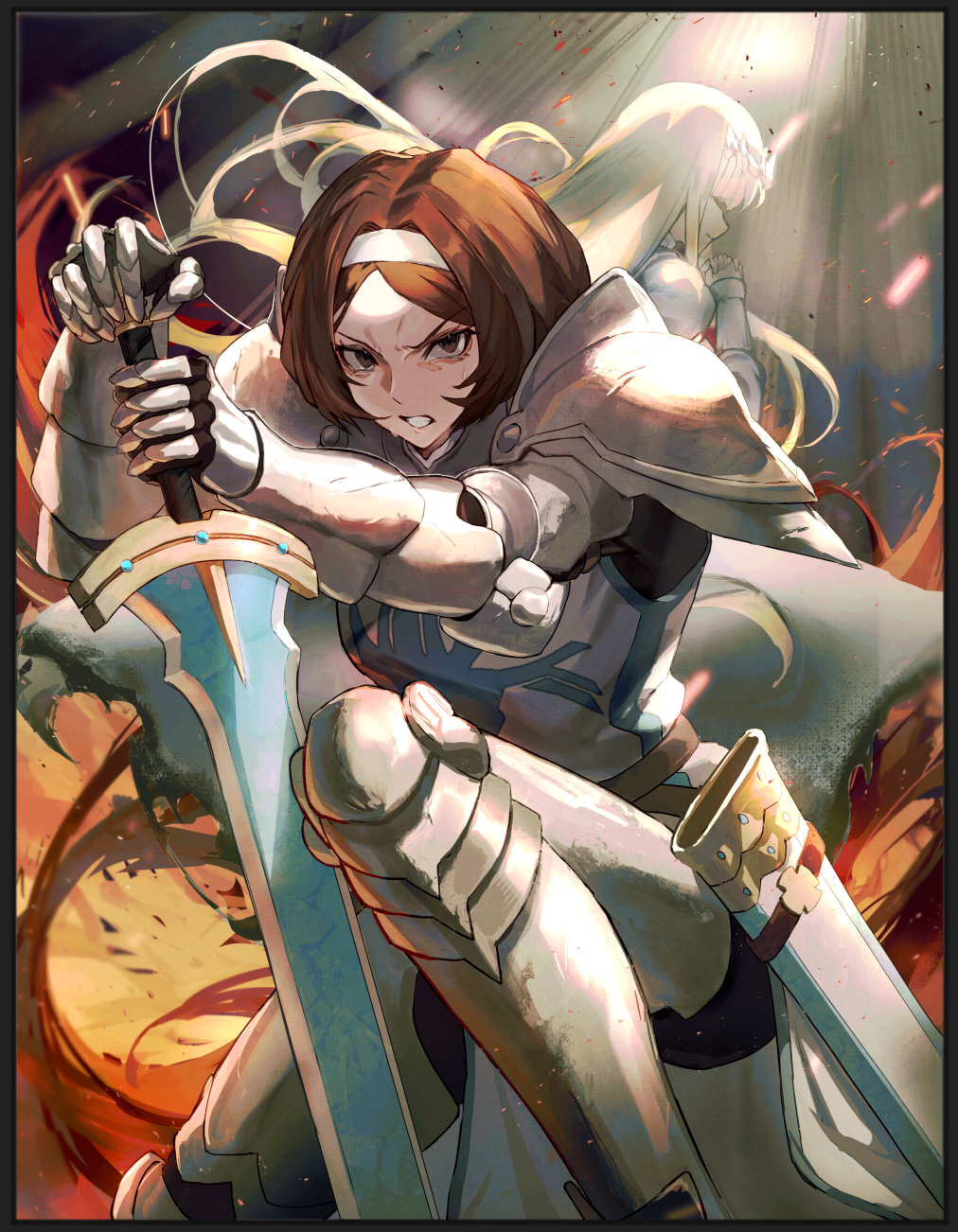 2girls, armor, blonde_hair, brown_eyes, brown_hair, calca_bessarez, clenched_teeth, commentary