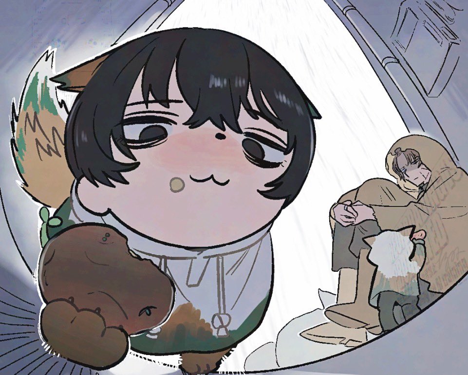 2girls, :3, animal_ears, animal_hands, black_eyes, black_hair, brown_cloak, brown_hair