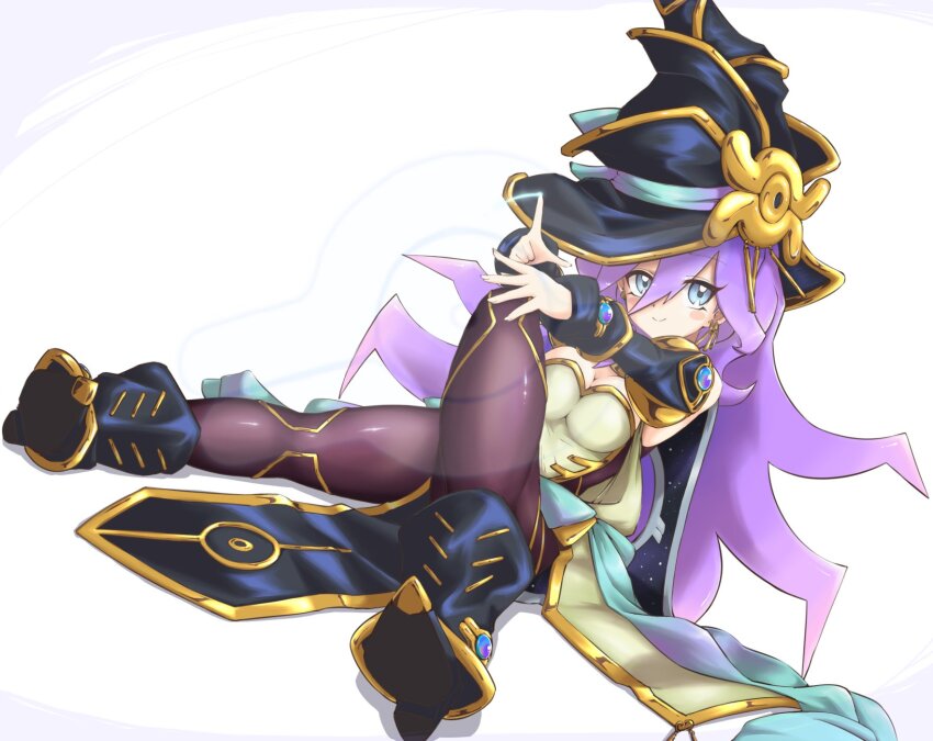 1girl, black_boots, black_hat, black_pantyhose, blue_eyes, blush_stickers, boots, botda