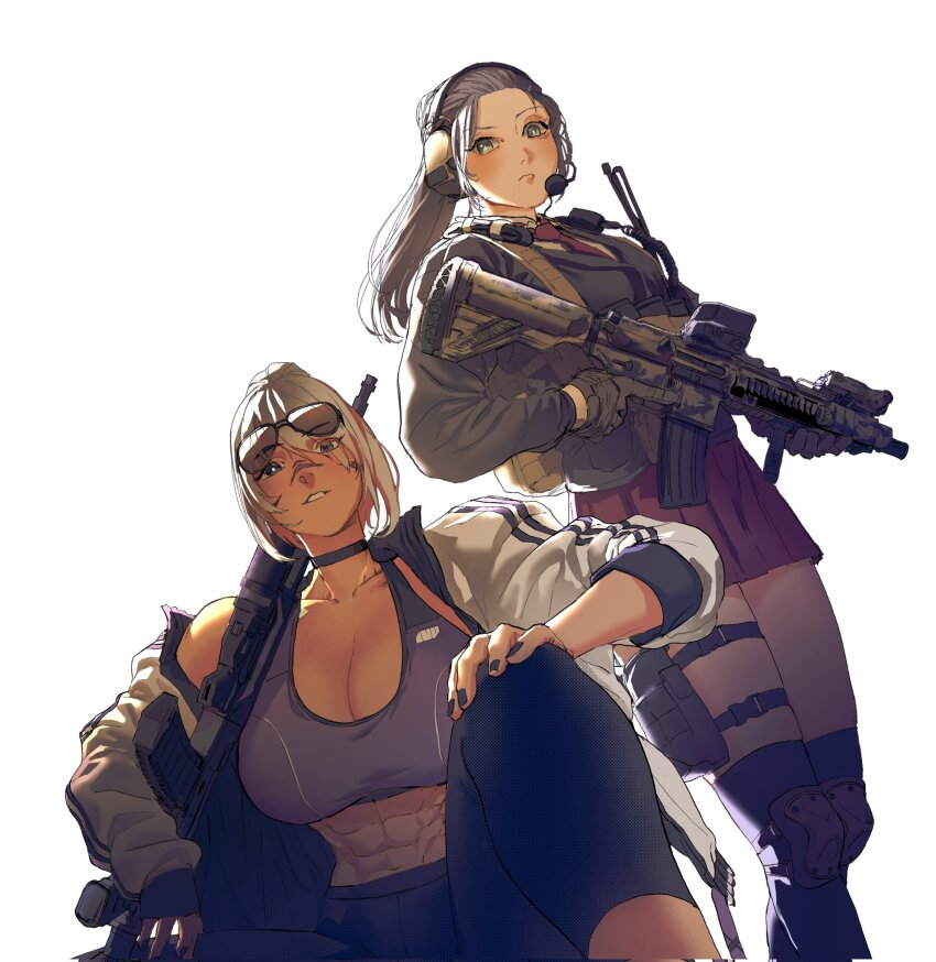 2girls, abs, ak-12, ammunition_pouch, assault_rifle, aviator_sunglasses, black_choker, black_nails, black_pants, black_thighhighs, blazer, borrowed_character, breasts, bright_pupils, camouflage, chest_rig, choker, cleavage, collarbone, collared_shirt, commentary, commission, crossover, desert_camouflage, dutch_angle, english_commentary, eyewear_on_head, facepaint, facial_mark, feet_out_of_frame, from_below, gloves, green_eyes, grey_hair, grey_jacket, gun, h&amp;k_hk416, hand_on_own_knee, headphones, headset, heckler_&amp;_koch, highres, holding, holding_gun, holding_weapon, holster, huge_breasts, jacket, kalashnikov_rifle, knee_pads, knee_up, laser_sight, long_sleeves, looking_at_viewer, magazine_(weapon), maxturbo69, medium_breasts, microphone, military, military_operator, multiple_girls, muscular, muscular_female, navel, necktie, optical_sight, original, pants, parted_lips, peq, pleated_skirt, ponytail, pouch, radio_antenna, raised_eyebrow, red_necktie, red_skirt, rifle, sakita_(vectranut23), school_uniform, shirt, sidelighting, simple_background, single_bare_shoulder, single_off_shoulder, single_sleeve_past_wrist, sitting, skirt, sports_bra, sportswear, standing, star_(starnight17), stomach, sunglasses, tactical_clothes, thigh_holster, thighhighs, trigger_discipline, vertical_foregrip, walkie-talkie, weapon, white_background, white_hair, white_jacket, white_pupils, white_shirt, yoga_pants