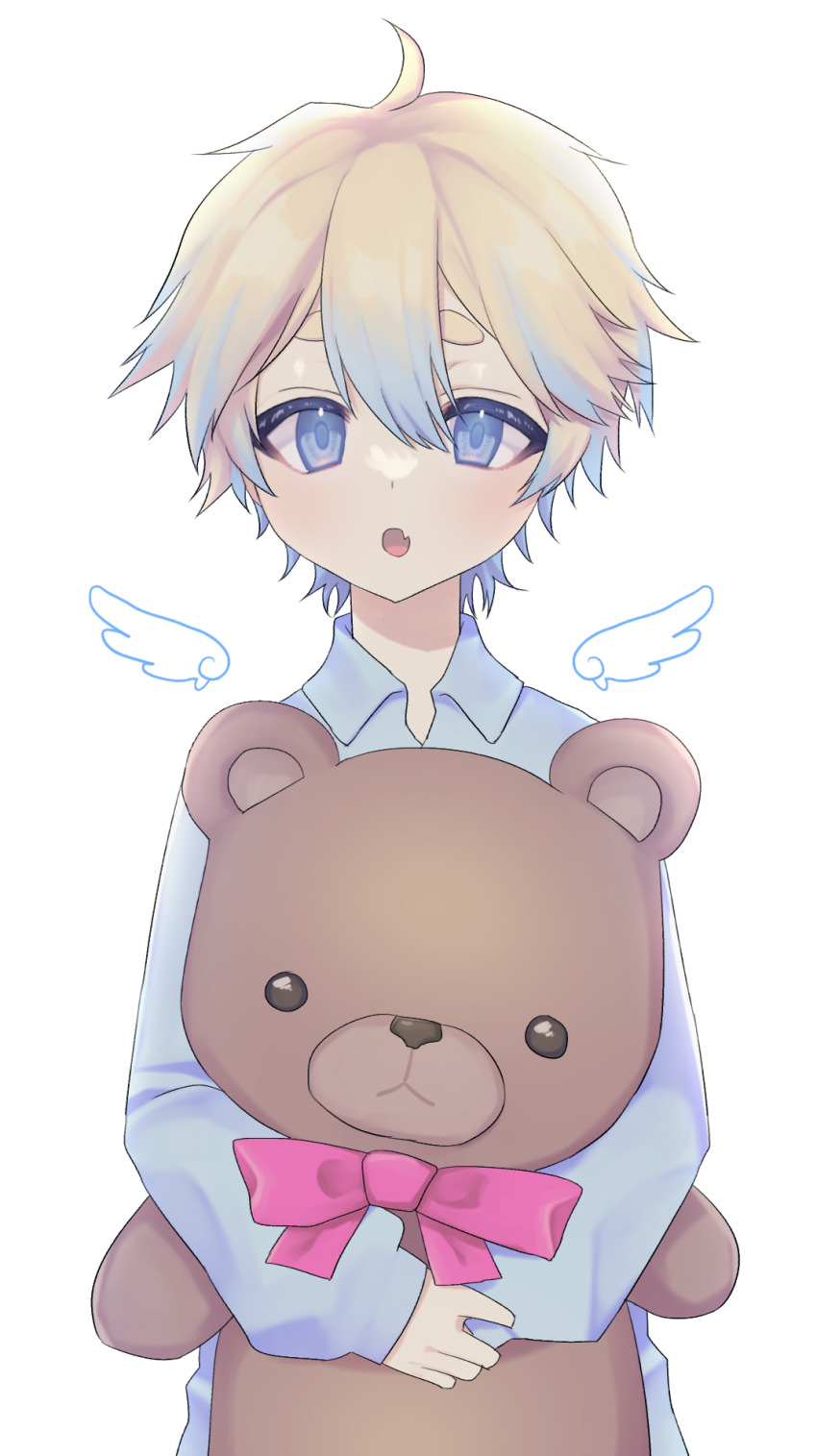 1boy, ahoge, angel_wings, blonde_hair, blue_eyes, blue_hair, fang, highres