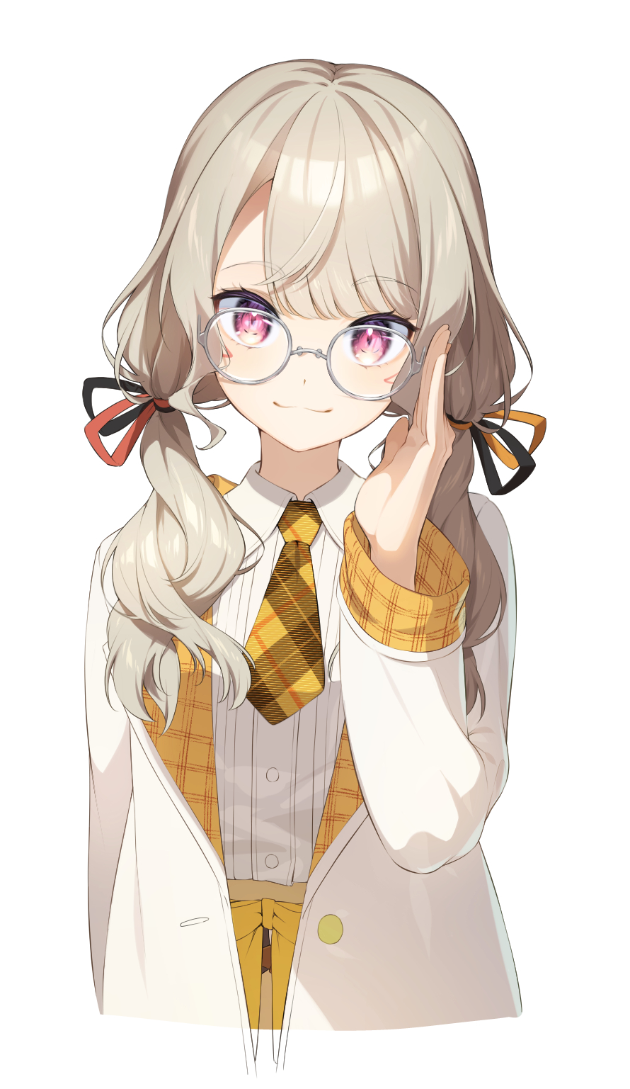 1girl, adjusting_eyewear, blazer, blonde_hair, blouse, cropped_torso, facial_mark, glasses