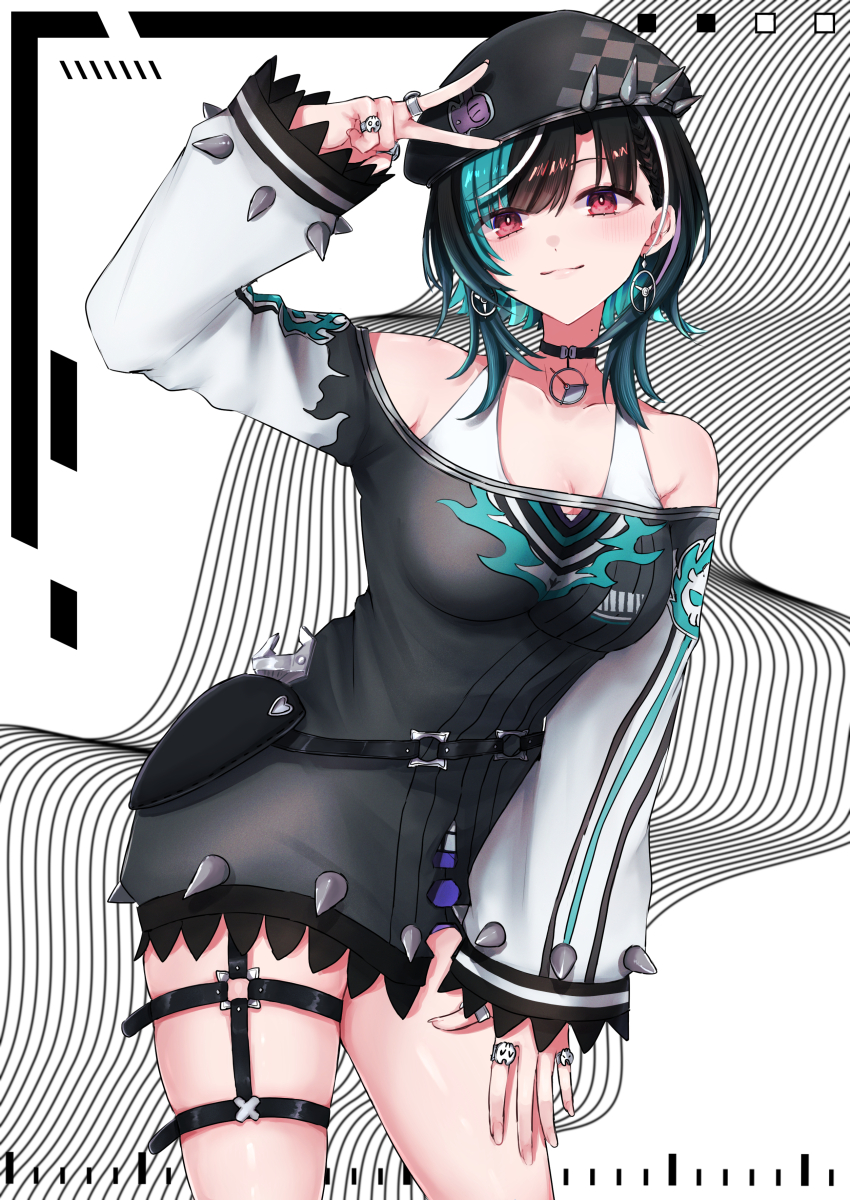 1girl, absurdres, aqua_hair, asymmetrical_bangs, belt, beret, black_choker, black_hair, blush, breasts, choker, cleavage, cowboy_shot, denim, denim_shorts, dress, earrings, floating_earrings, hat, headphones, headphones_around_neck, highres, hololive, hololive_dev_is, jewelry, knee_strap, long_sleeves, looking_at_viewer, medium_hair, misaki_emiru, multicolored_hair, multiple_rings, o-ring, o-ring_belt, o-ring_thigh_strap, off-shoulder_dress, off_shoulder, pocket, rindo_chihaya, ring, shorts, smile, solo, spiked_dress, spiked_hat, streaked_hair, tank_top, thick_thighs, thigh_strap, thighs, v, virtual_youtuber, white_streaks, white_tank_top, wrench