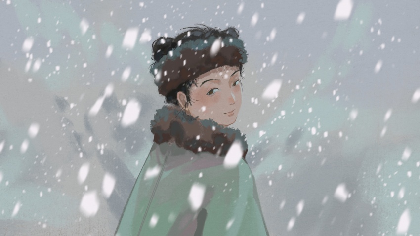 1girl, absurdres, black_hair, brown_eyes, brown_headband, chinese_clothes, double_bun, fur_collar