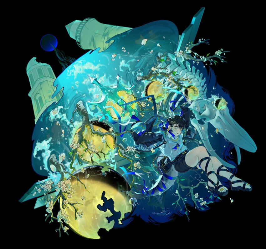 anchor, black_hair, black_skirt, branch, flower, highres, kie_(monochrome_finale), kiekoio