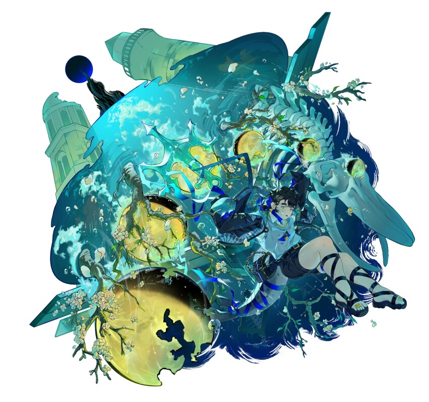 anchor, black_hair, black_skirt, branch, flower, highres, kie_(monochrome_finale), kiekoio