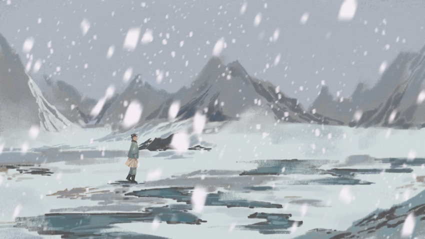 1girl, absurdres, aqua_theme, black_boots, boots, chinese_clothes, hanfu, highres, landscape, looking_at_viewer, lu_nulu, mamianqun, mountain, muted_color, original, outdoors, pleated_skirt, skirt, sky, snow, snowing, solo, winter