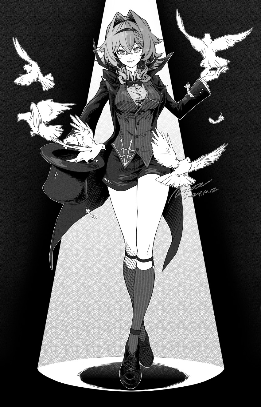 1girl, absurdres, alternate_costume, bird, breasts, cape, chinese_commentary, commentary_request, dated, enioreh, hair_intakes, hat, highres, holding, holding_unworn_clothes, holding_unworn_hat, honkai_(series), honkai_impact_3rd, large_breasts, looking_at_viewer, magic_trick, medium_hair, monochrome, parted_lips, shirt, shoes, short_shorts, shorts, smile, socks, spotlight, standing, thighs, too_many, too_many_birds, top_hat, unworn_hat, unworn_headwear, vest, vill-v, white_bird