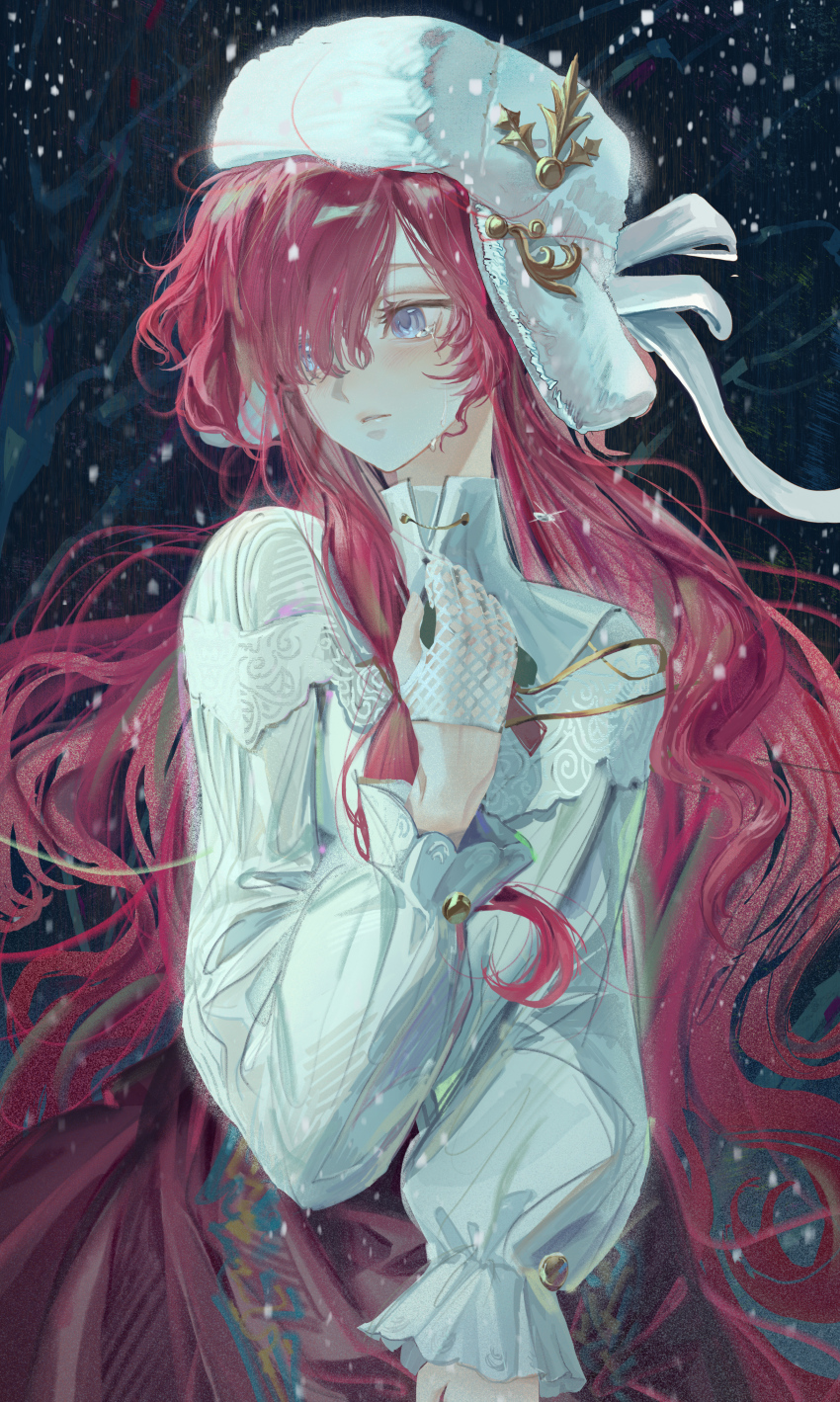 1girl, absurdres, blue_eyes, crying, crying_with_eyes_open, dark_background, eyes_visible_through_hair, fishnet_gloves, fishnets, fur_hat, gloves, hand_up, hat, highres, holding, jiusheng_(huaichuan), long_hair, long_sleeves, looking_to_the_side, puffy_long_sleeves, puffy_sleeves, red_hair, red_skirt, reverse:1999, shirt, skirt, solo, streaming_tears, tears, upper_body, ushanka, very_long_hair, wavy_hair, white_gloves, white_hair, white_shirt, yenisei_(reverse:1999)