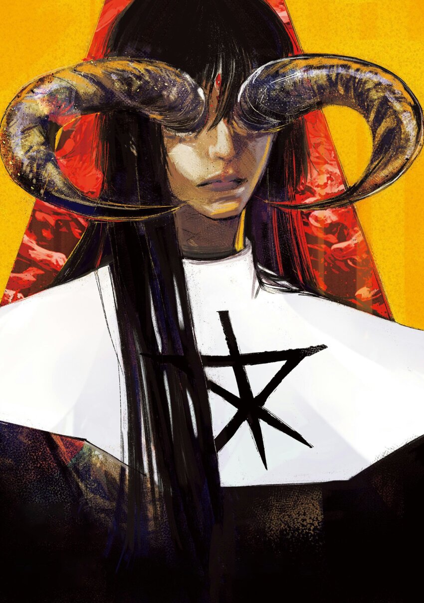 1boy, bador_vlad_(choujin_x), black_hair, body_horror, choujin_x, deformed, facial_mark, forehead_mark, goat_horns, highres, horns, ishida_sui, long_hair, multicolored_background, no_eyes, official_art, painting_(medium), priest, solo, traditional_media, vestments, watercolor_(medium)