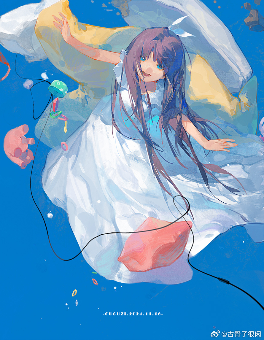 1girl, aqua_eyes, balloon, bare_arms, bare_shoulders, blue_background, blue_sky, bow