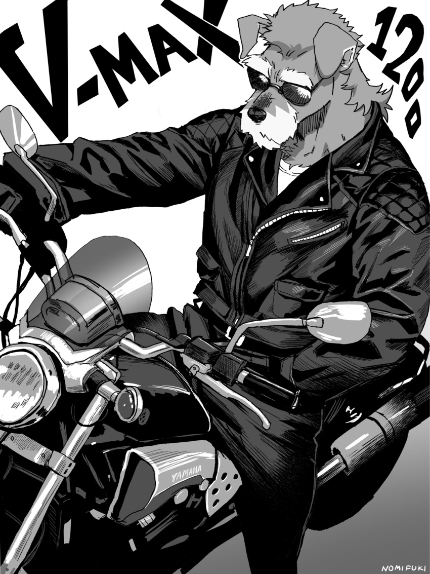 1boy, 2024, animal_ears, biker_clothes, black_jacket, dog_boy, dog_ears, dog_snout