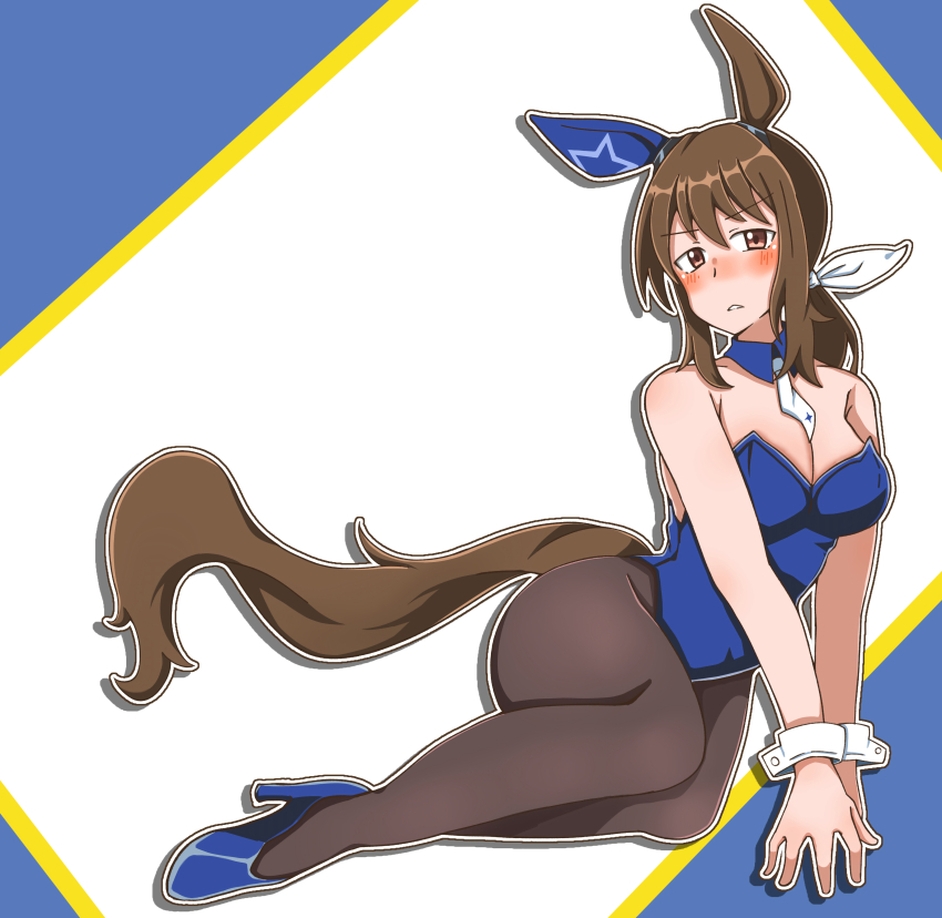 1girl, absurdres, admire_vega_(umamusume), animal_ears, black_pantyhose, blue_footwear, blue_leotard, blush, brown_hair, cowboy_shot, ear_covers, hair_between_eyes, high_heels, highres, horse_ears, horse_girl, horse_tail, leotard, long_hair, looking_at_viewer, low_ponytail, multicolored_background, nontraditional_playboy_bunny, nose_blush, pantyhose, ponytail, purple_eyes, single_ear_cover, sitting, solo, tail, umamusume, yo0226, yokozuwari