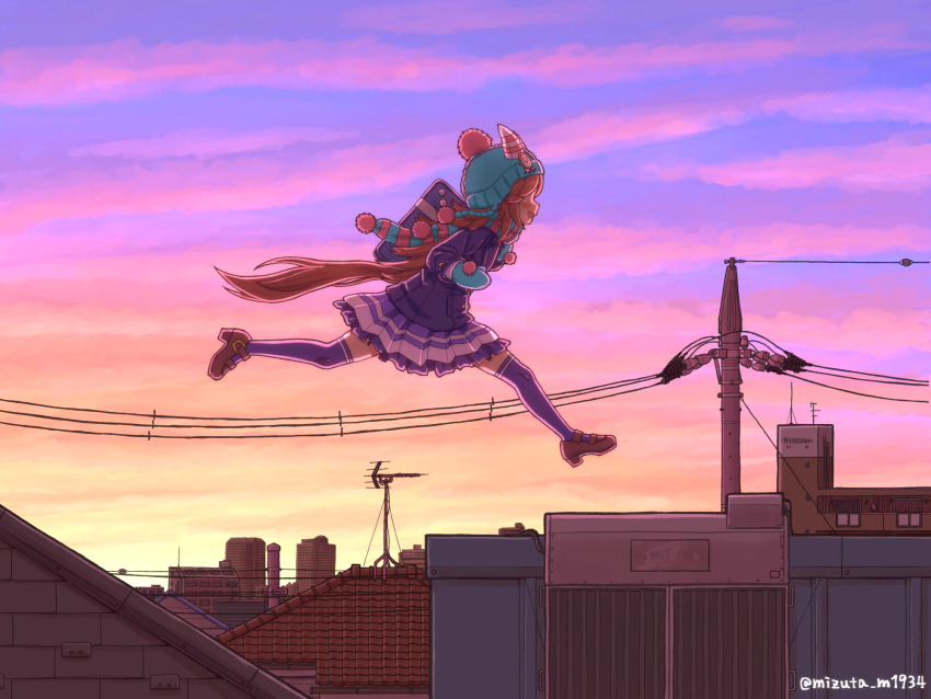 1girl, animal_ears, bag, beanie, blush, brown_hair, cityscape, full_body