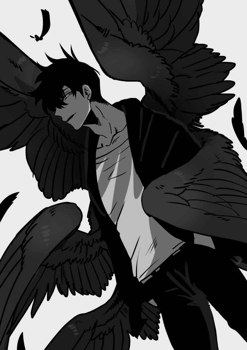 1boy, adam's_apple, angel, angel_wings, black_feathers, black_hair, black_jacket, black_wings