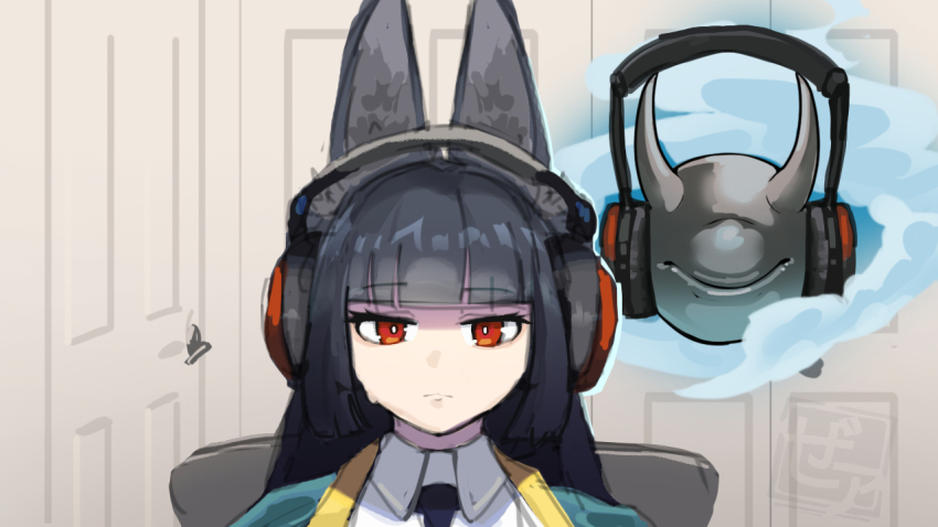 1girl, animal_ear_fluff, animal_ears, black_hair, black_necktie, blunt_bangs, chair, closed_mouth
